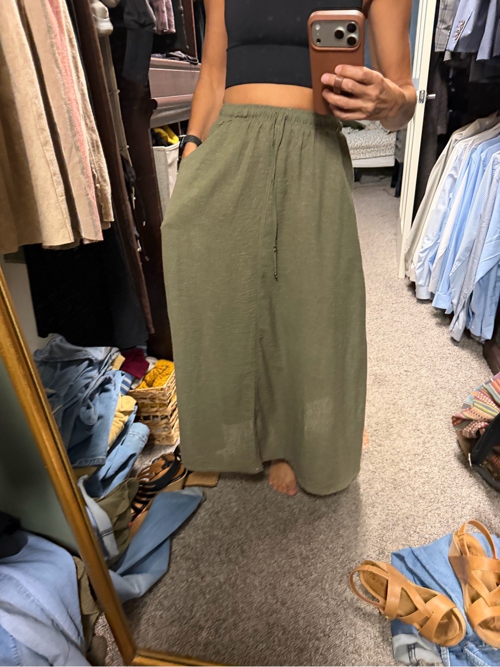 NWT Max Studio Olive Elastic-Waist Maxi Skirt with Pockets